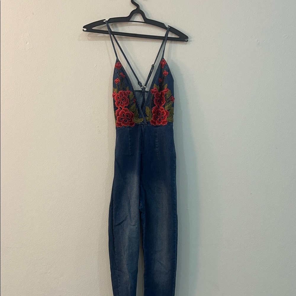 Embroidered Floral Denim Jumpsuit